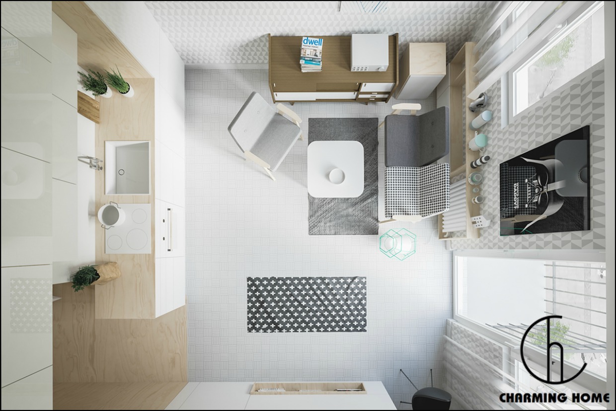 Không gian sống rộng mở với thiết kế căn hộ mini 25m2 có gác lửng